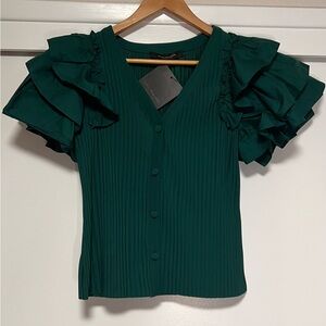 Marc New York Women’s Green Pleated Blouse with Ruffle Sleeves- S– New with Tags